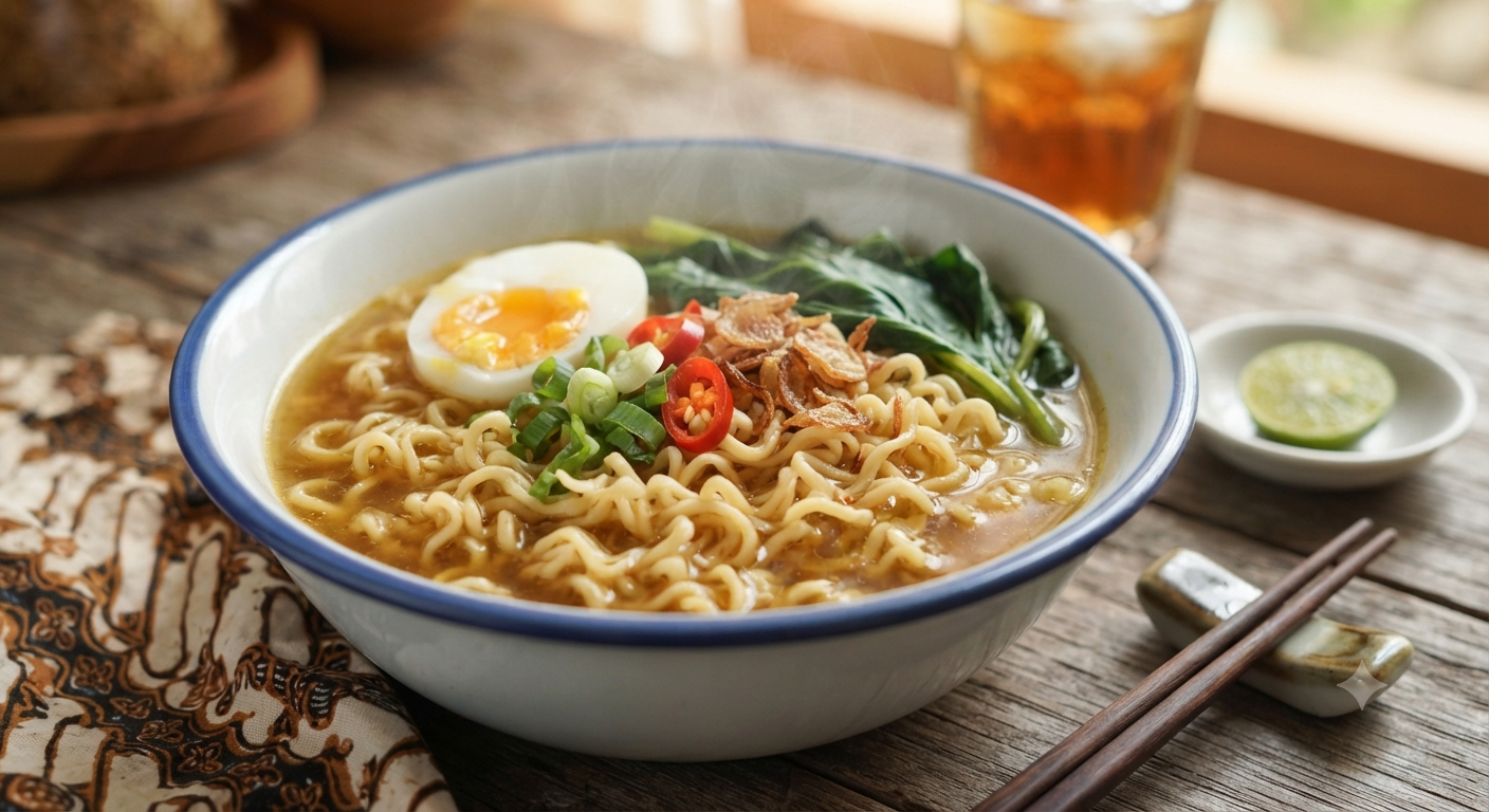 Indomie Kuah dengan kombinasi tambahan telur dan sayuran